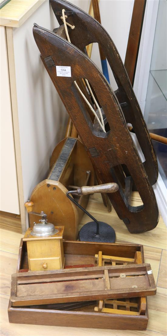 A Sledge, croquet, mallets and collection of treen